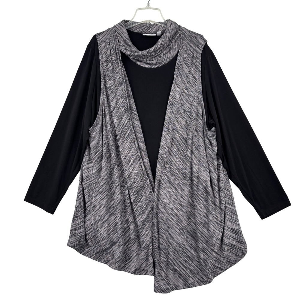 Susan Graver Liquid Knit 2 Piece Top Vest Set Womens 3X Black Gray Space Dye